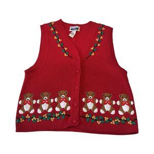 Vintage Bryn Connelly Floral‎ Teddy Bear Christmas Holiday Knit Sweater Vest PM